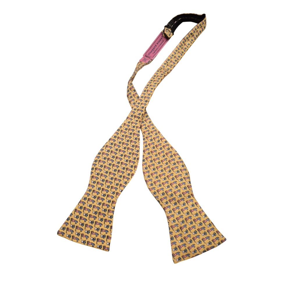 Vineyard Vines Mens Yellow Gold Silk Golfer Print Self-Tie Bow Tie Hand Made USA